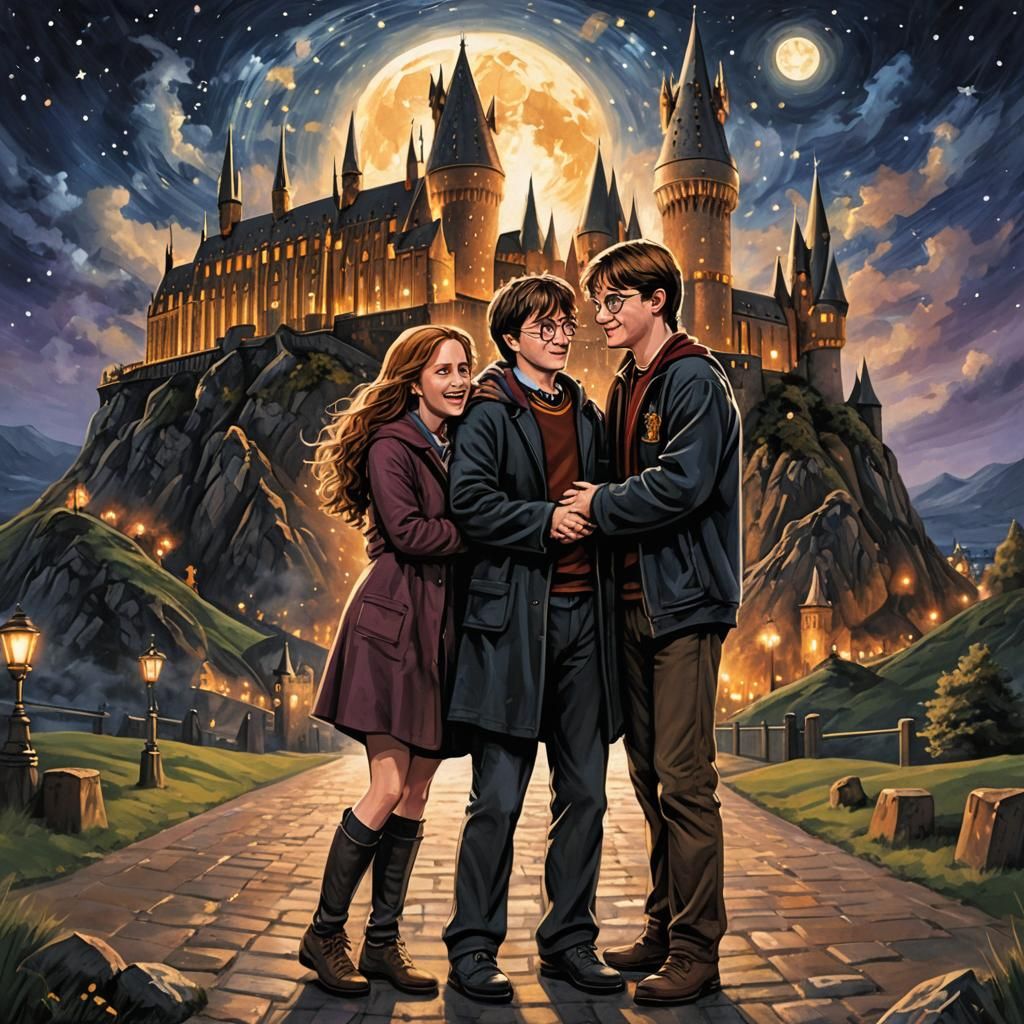Heartwarming scenes of Harry Potter, Ron, and Hermione embra...