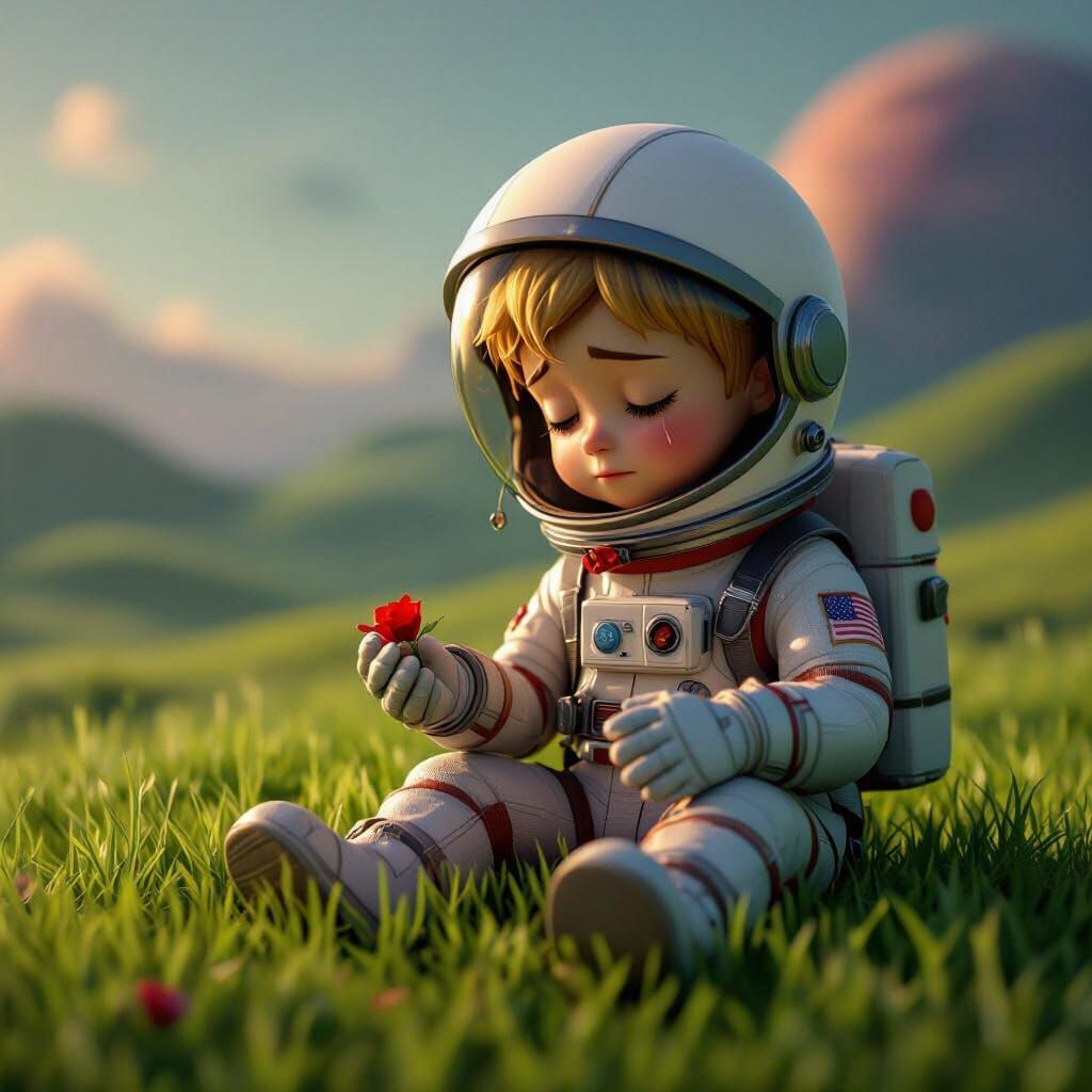 Little Prince Sad on Alien Planet with Rose Petal