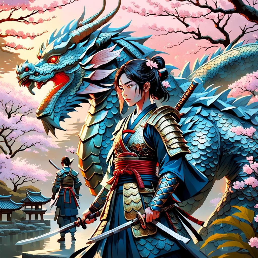 Samurai Couple and Dragon in Japanese Garden