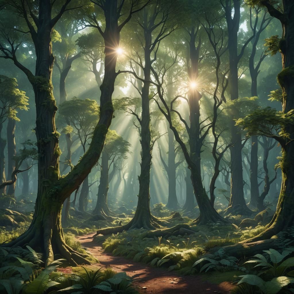 Sunlit Viridian Forest: Detailed Matte Painting