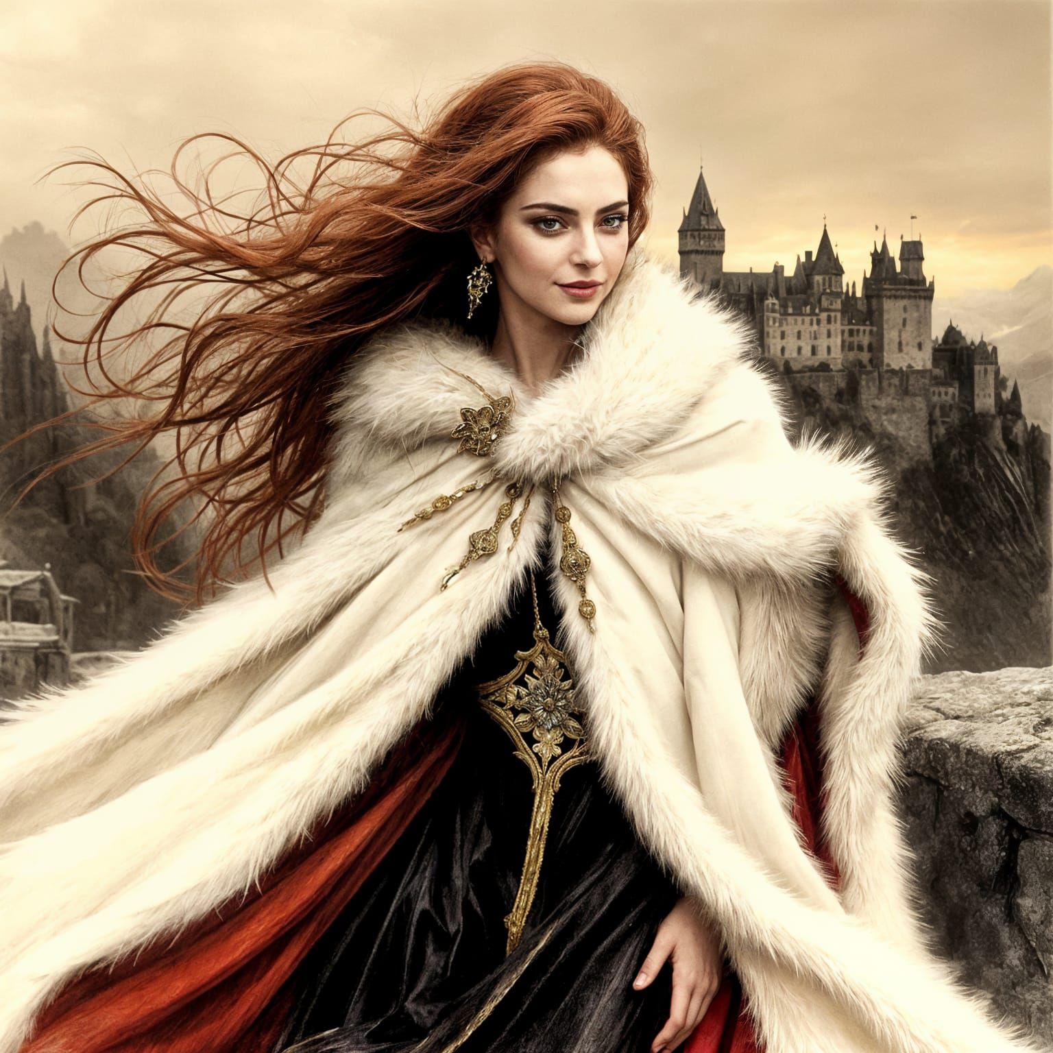 Beautiful Woman in Ermine Cloak, Charcoal Art