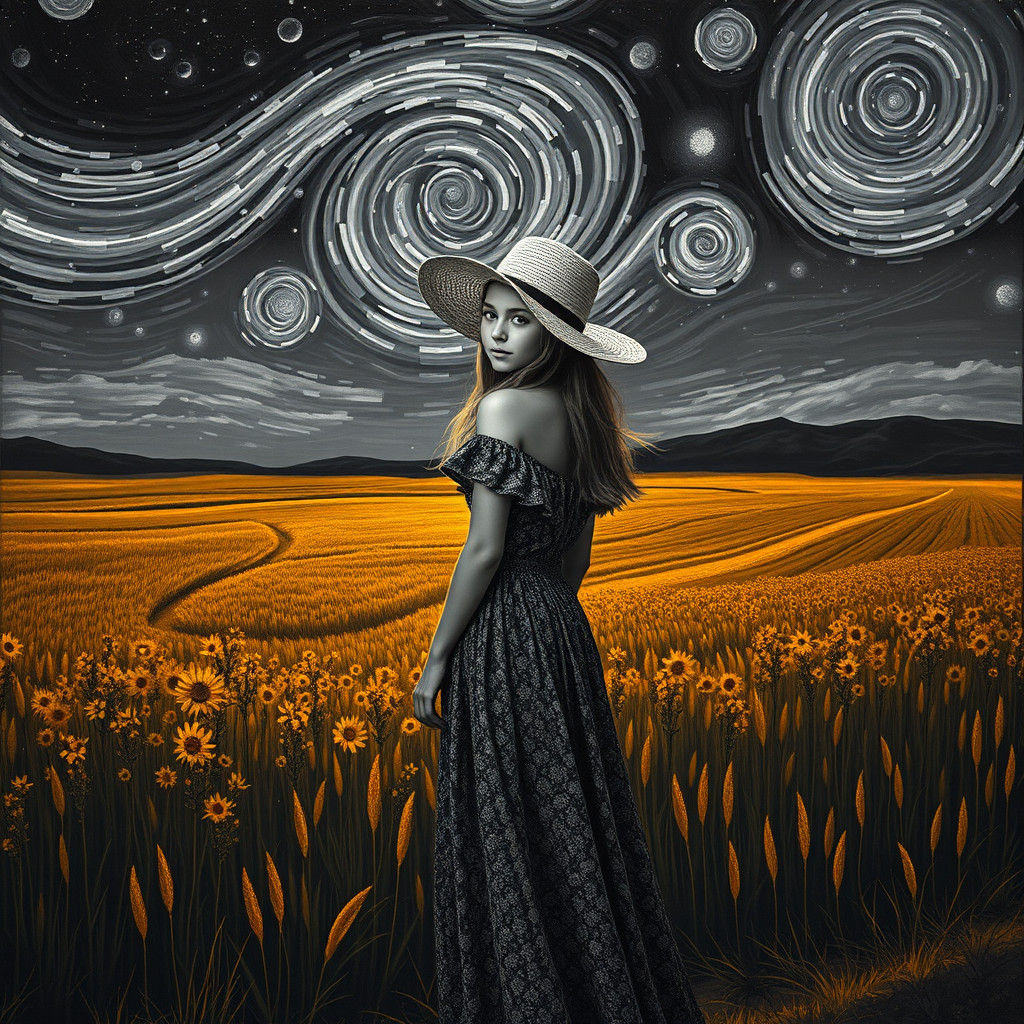 Girl in Landscape: Van Gogh Style Black and White