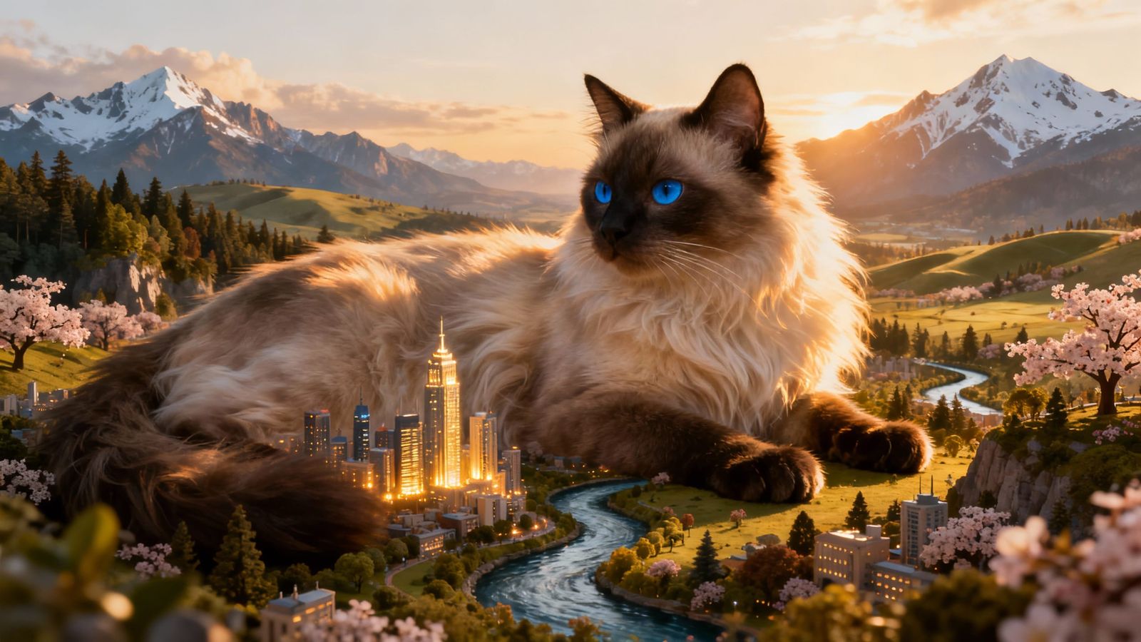 Enormous Long-Haired Siamese Cat in Dreamscape Landscape