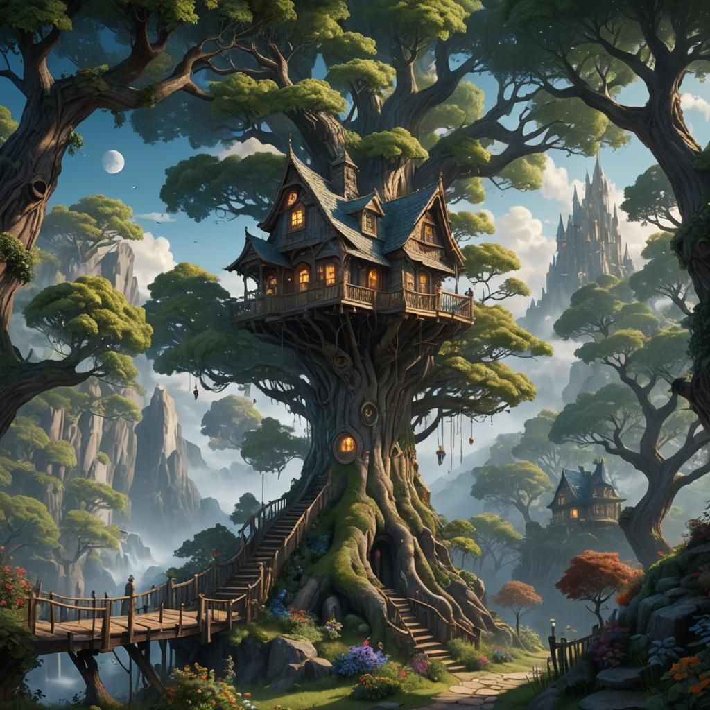 Treehouse in August Moon: Detailed Fantasy Art