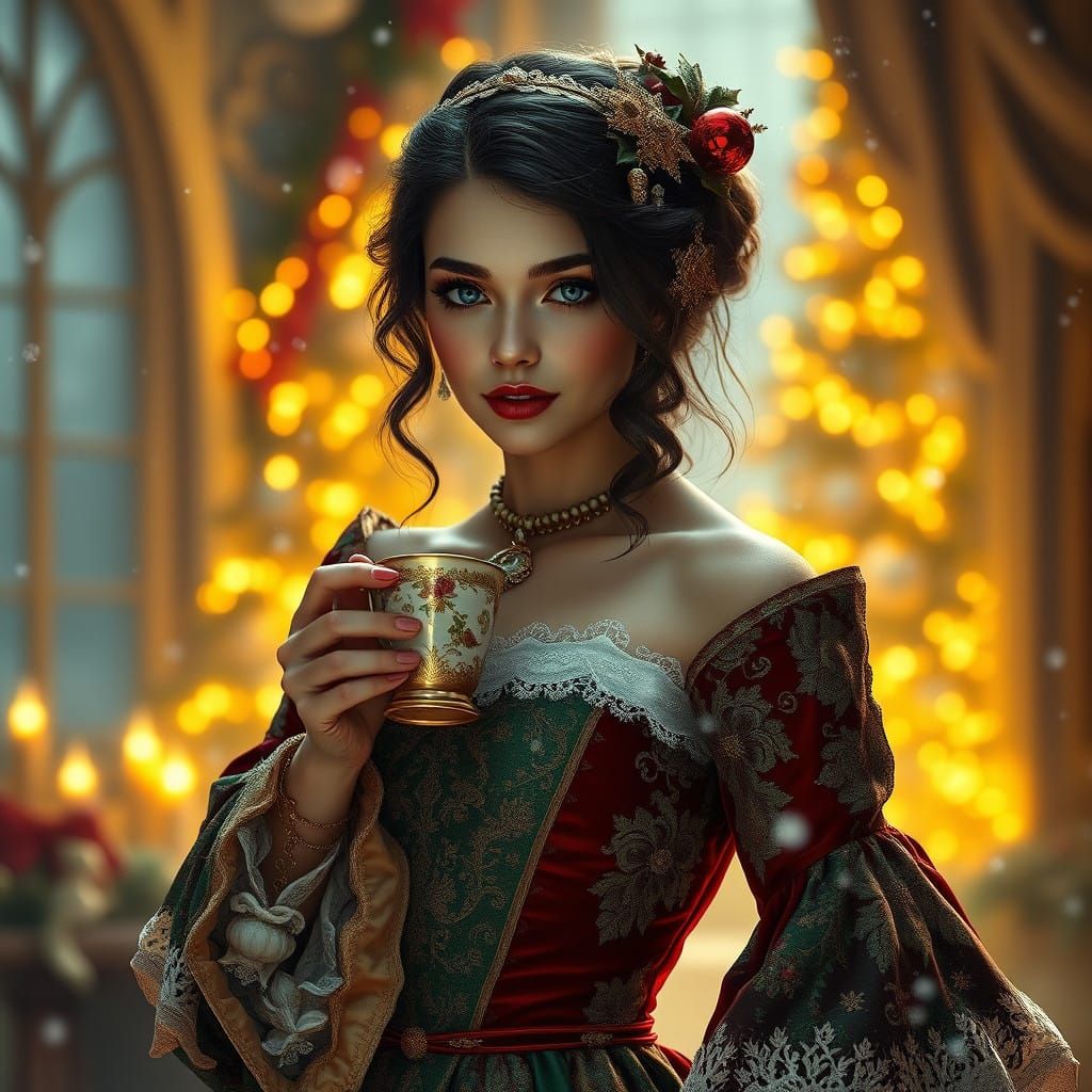 Elegant Christmas Lady in Victorian Velvet Gown with Coffee...