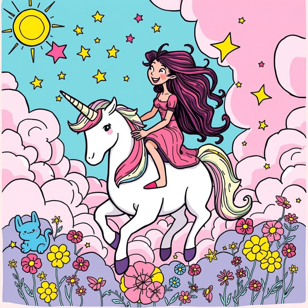 Playful Goddess Riding Unicorn Through Whimsical Clouds in C...