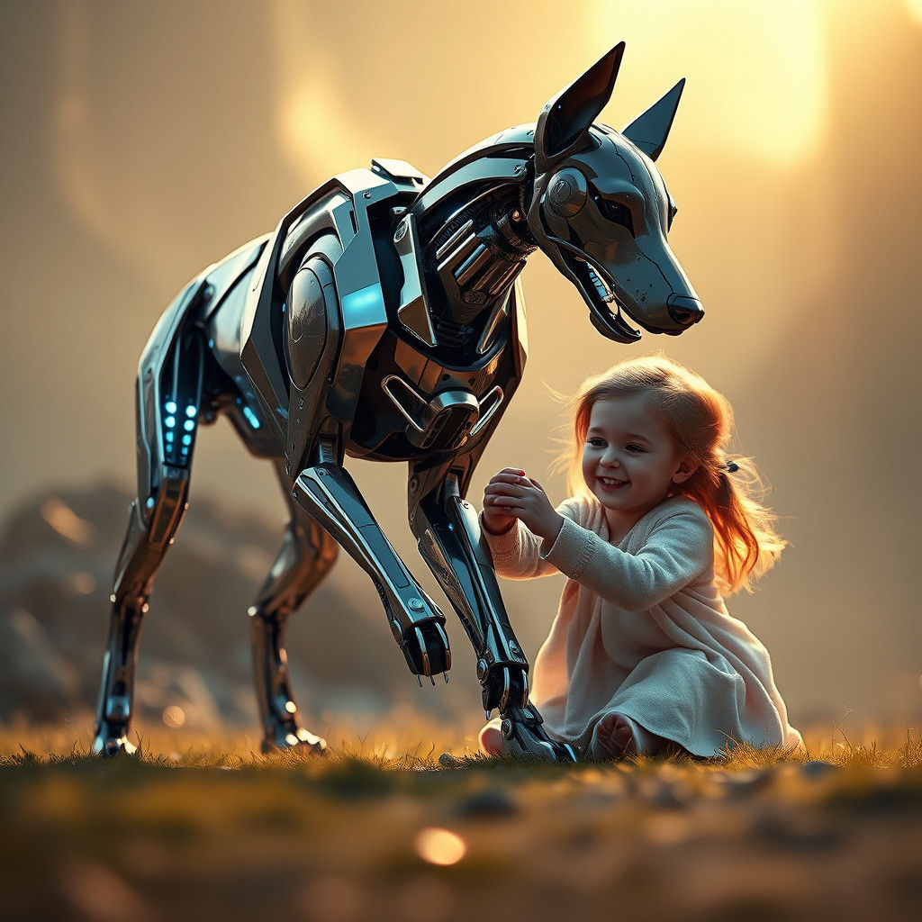 Robotic Doberman and Girl in Sci-Fi Setting