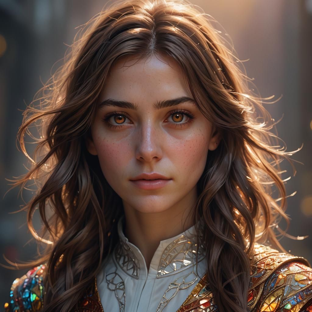 Hazel-Eyed Girl Portrait in Art Nouveau Style