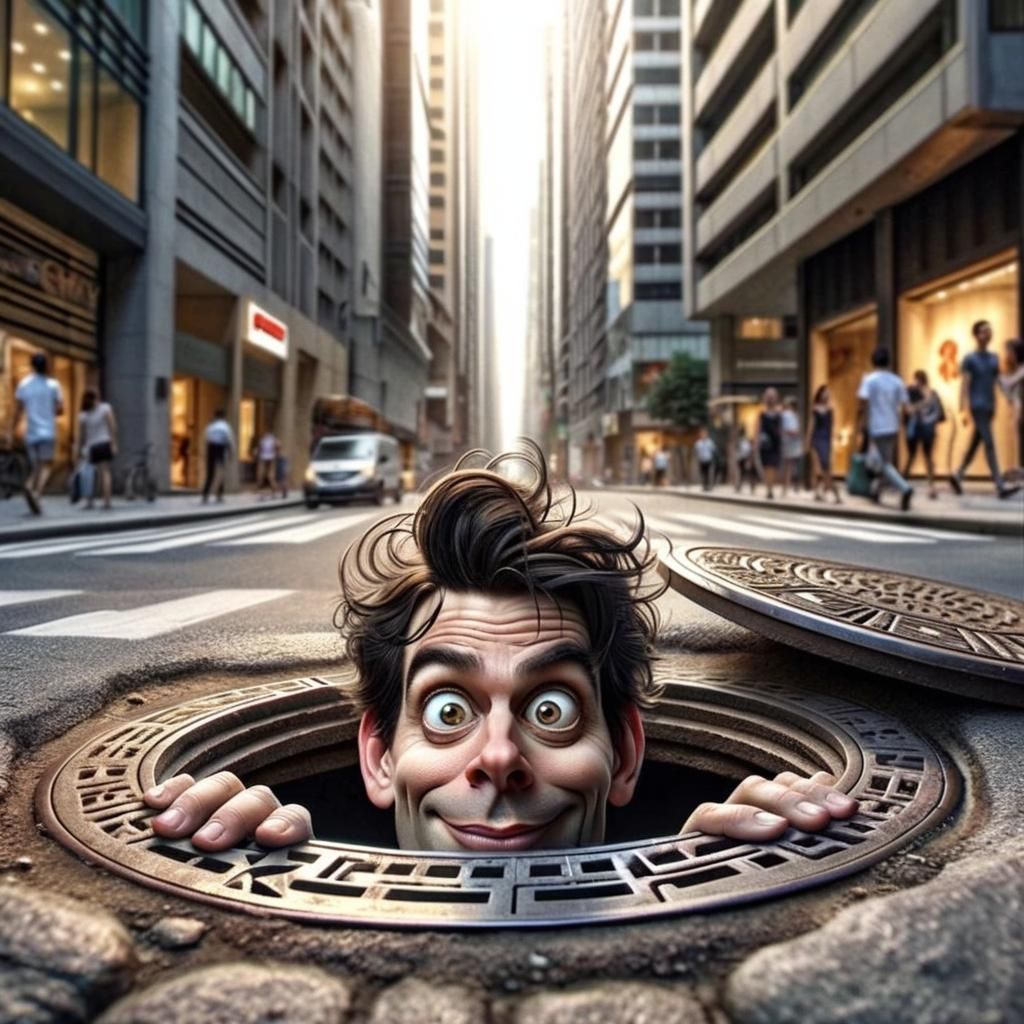 Cartoon Man Peeks Out of Manhole Cover