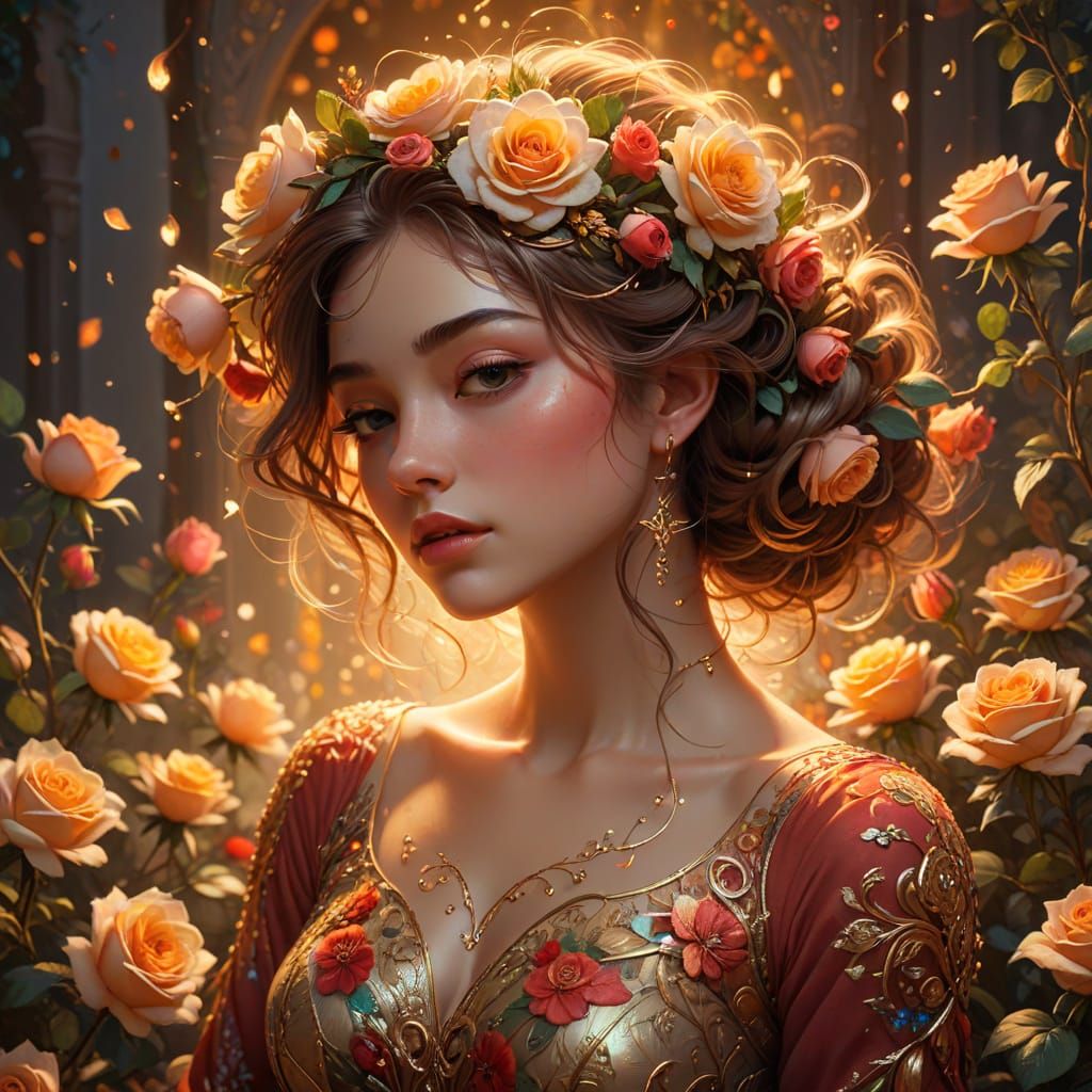 Young Woman Adorned with Roses in Golden Hour Light