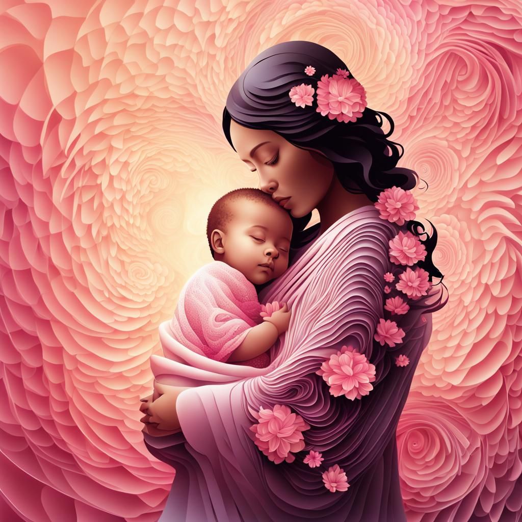 Mother and Child Surrounded by Pink Flowers