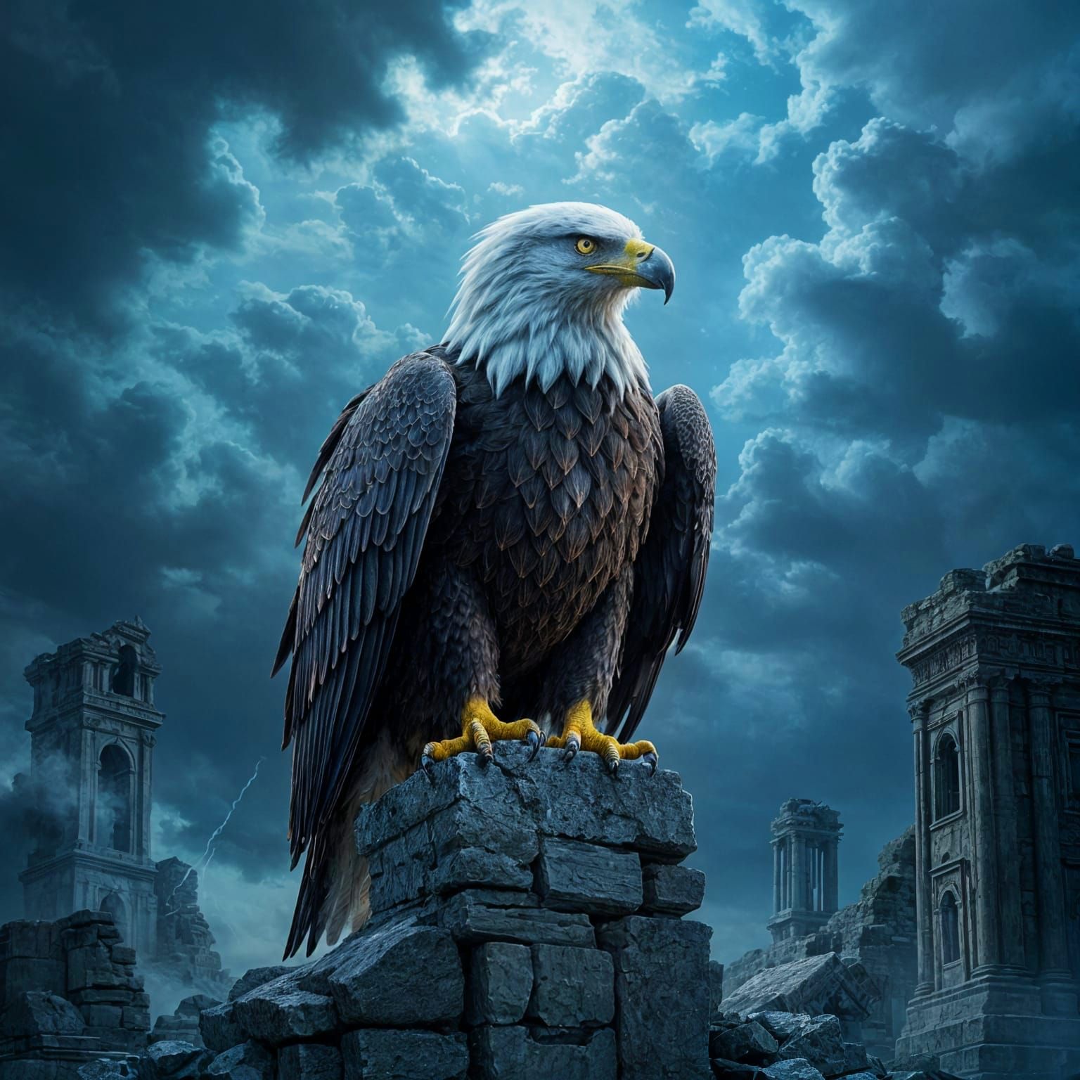 Majestic Eagle on Ancient Ruins Dark Fantasy Art
