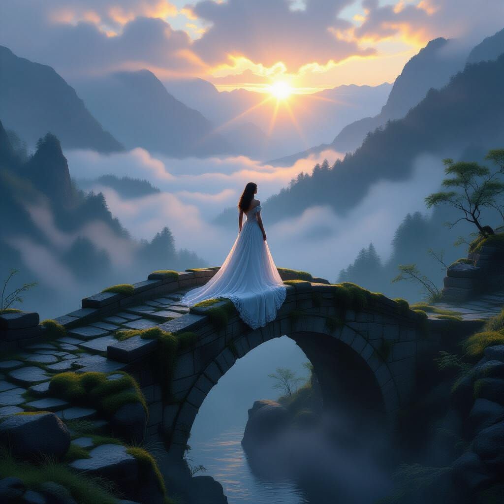 Regal Woman on Ancient Bridge at Dawn, Ethereal Light