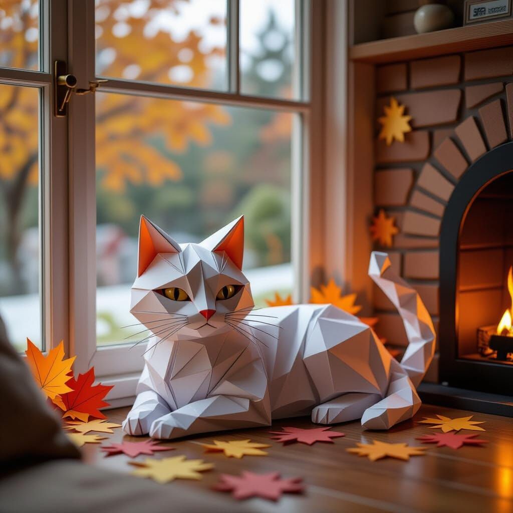 Origami Cat Sculpture by Fireplace in Papercraft Style