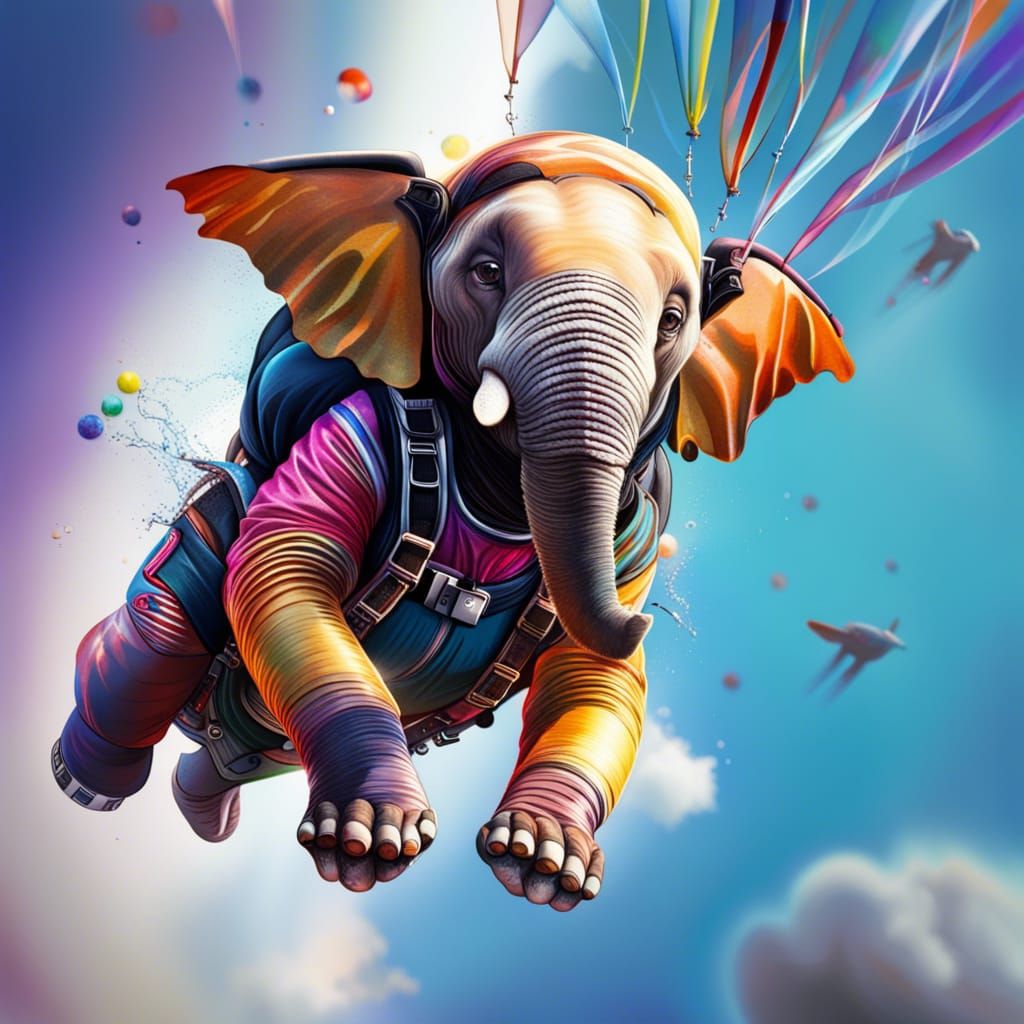 Laughing Elephant Skydiving: Hyperrealistic Splash Art