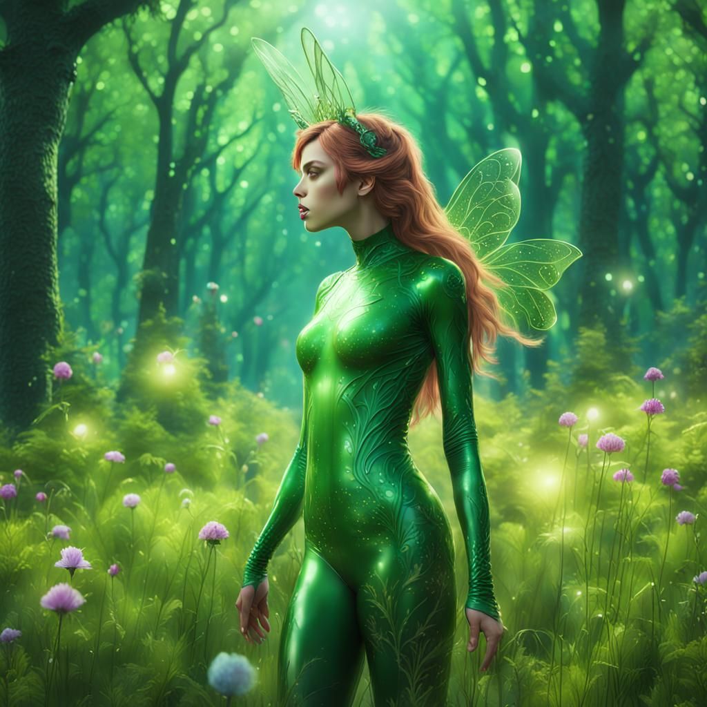 Fairy Girl in Latex Bodysuit on Forest Meadow