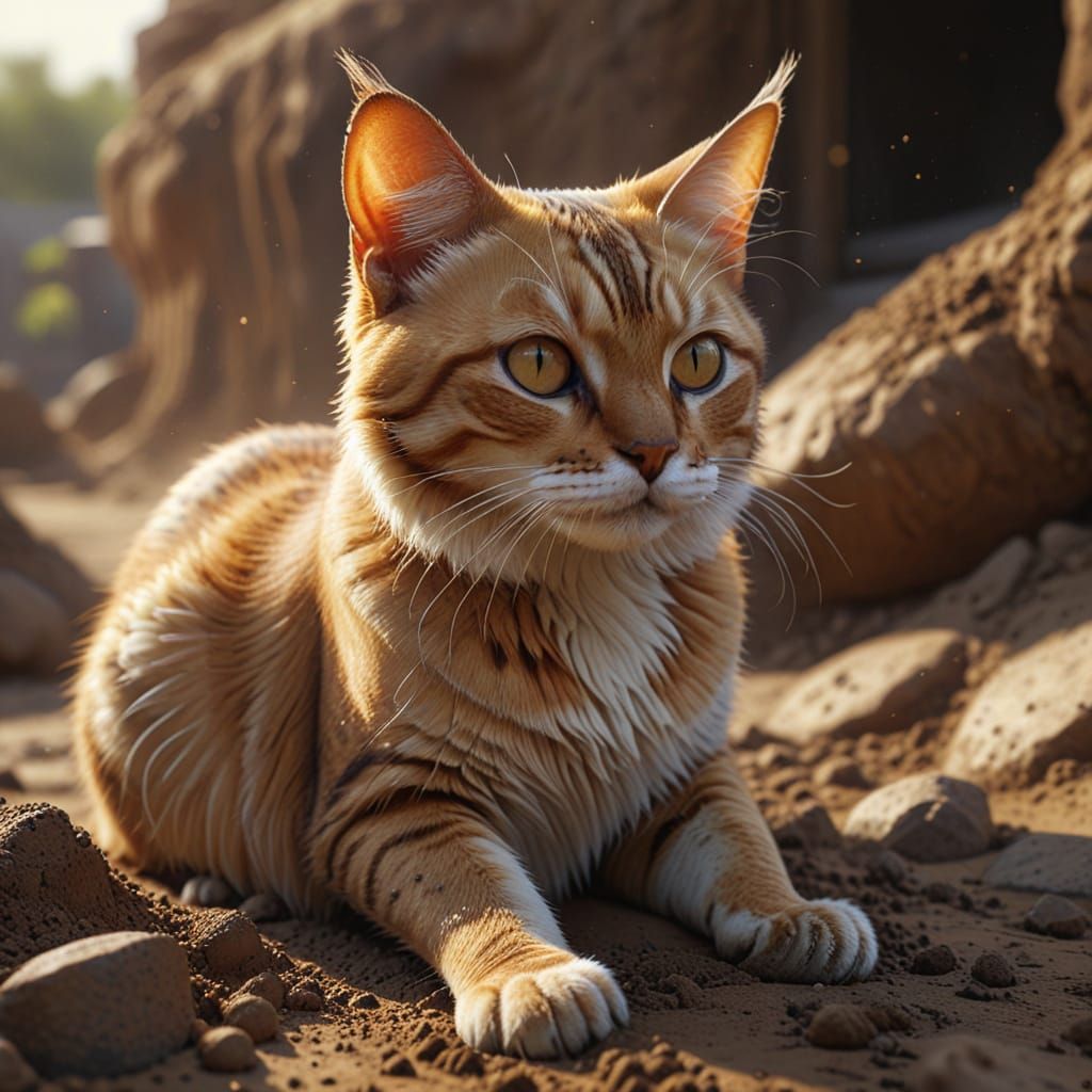 Vibrant Digital Painting of a Bengali Cat Playing in Dirt