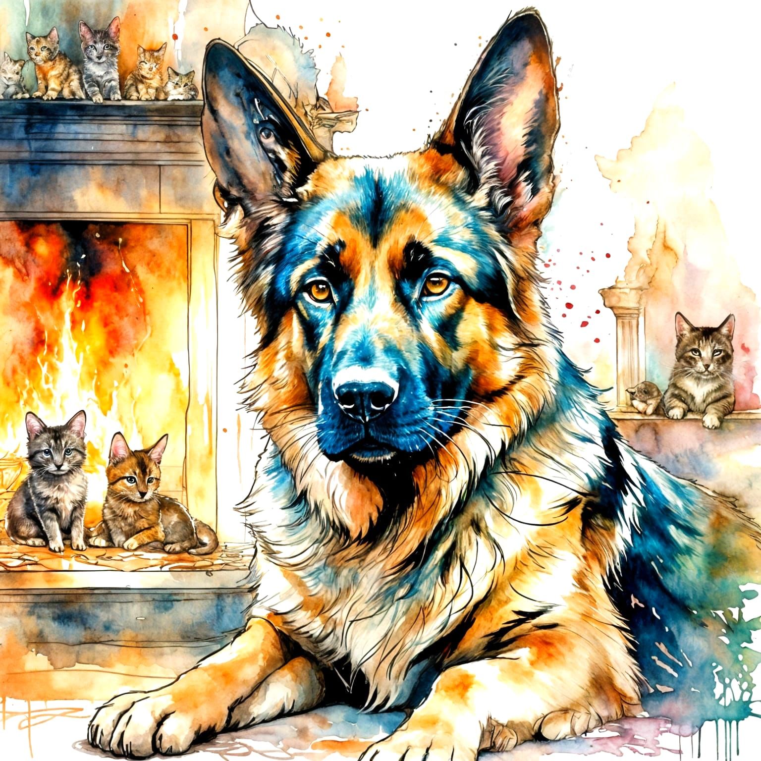 German Shepherd Dog and Kittens in Watercolour Style