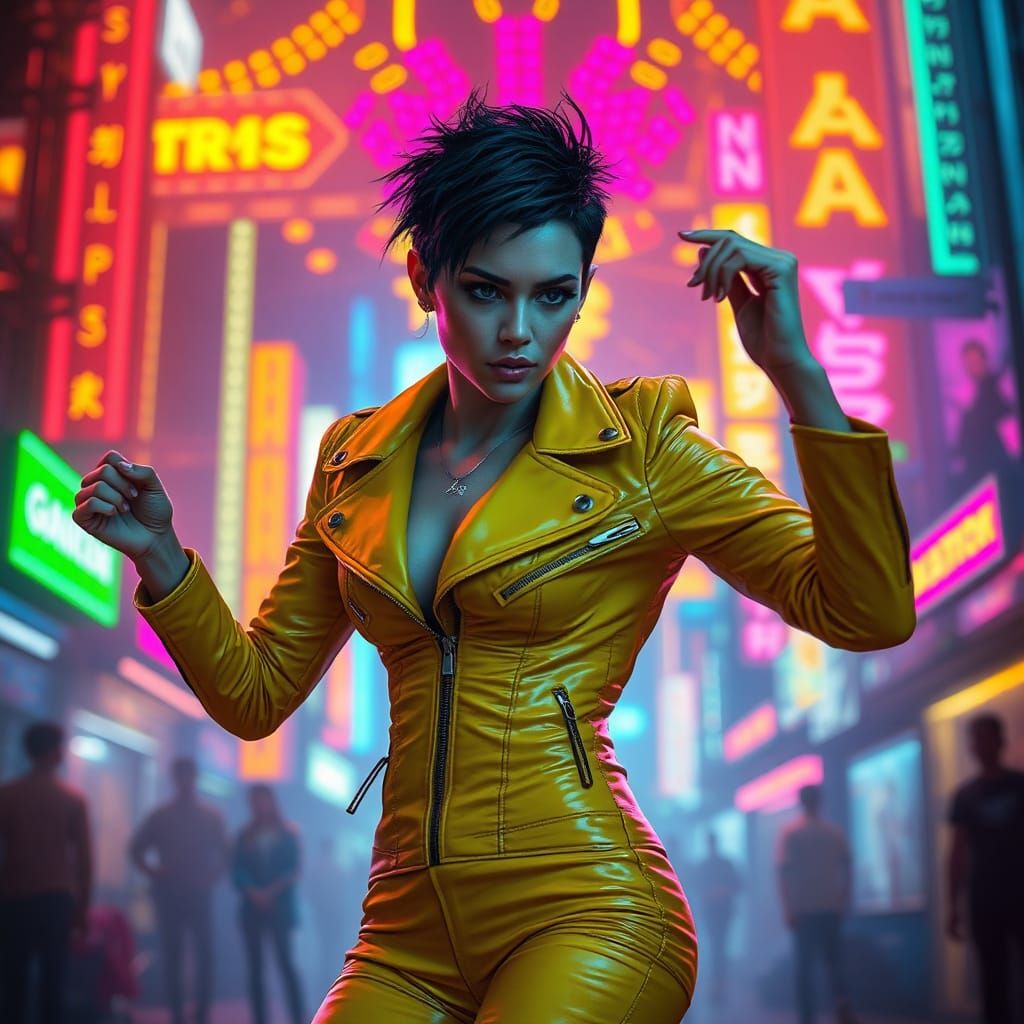 Neon Dancer in Cyberpunk Cityscape
