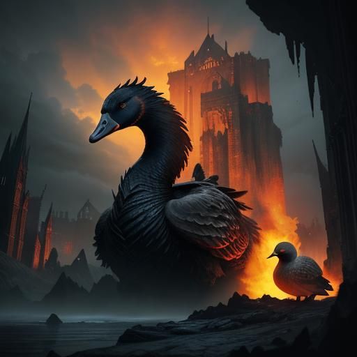 Demonic Molten Stone Goose in Dark Fantasy Style