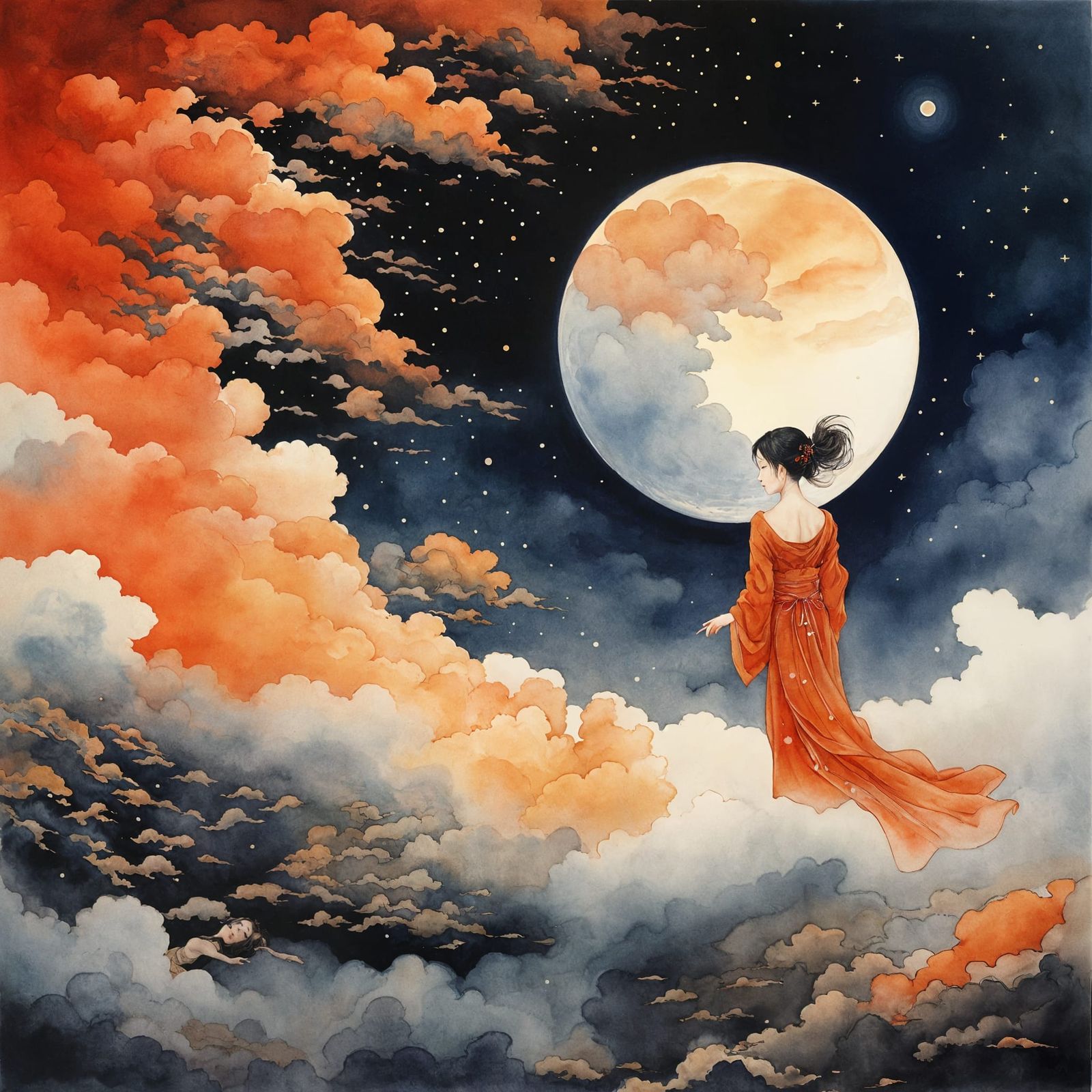 Ethereal Yoshitaka Amano-Inspired Lady on Crescent Moon