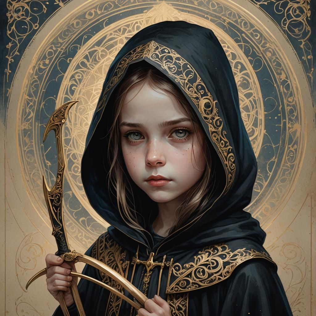 Gothic Portrait of Child Grim Reaper in Ink