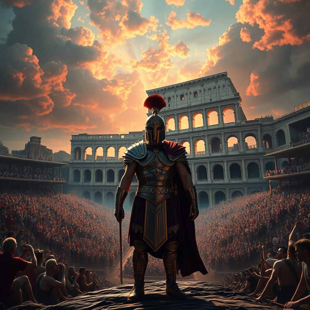 Regal Gladiator in Ancient Roman Arena, Under Fiery Skies