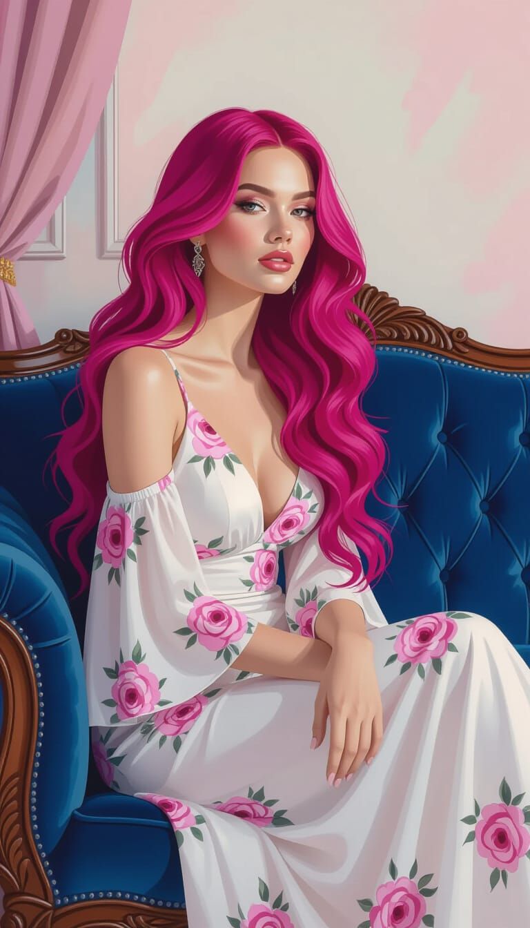 Artistic Portrait of Woman With Pink Hair on Velvet Sofa