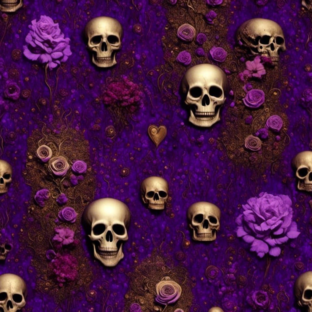 <lora:Hexen Hollow:1.0> <lora:Fleur Noir:1.0> <lora:Purple Rose Skulls:1.0> Purple hearts, flowers and gothic skulls Epi...