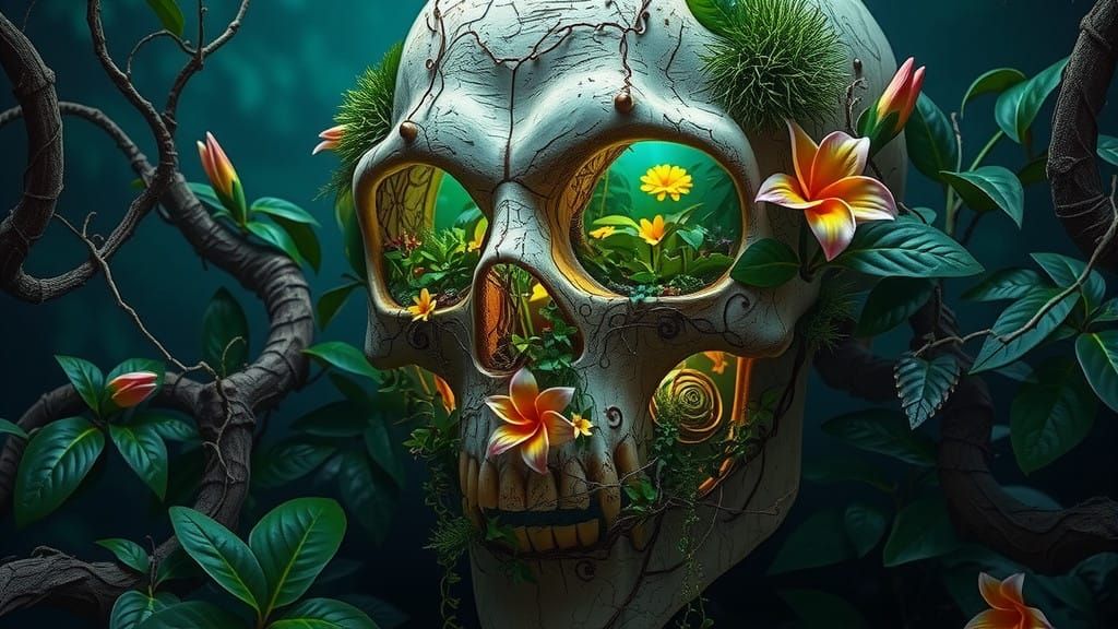Surreal Tropical Oasis Inside a Weathered Skull