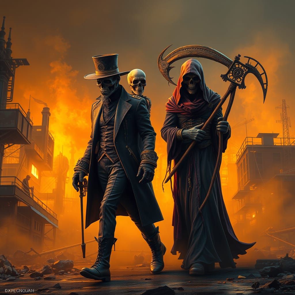 Steampunk Plague Doctor and Grim Reaper in Apocalyptic City