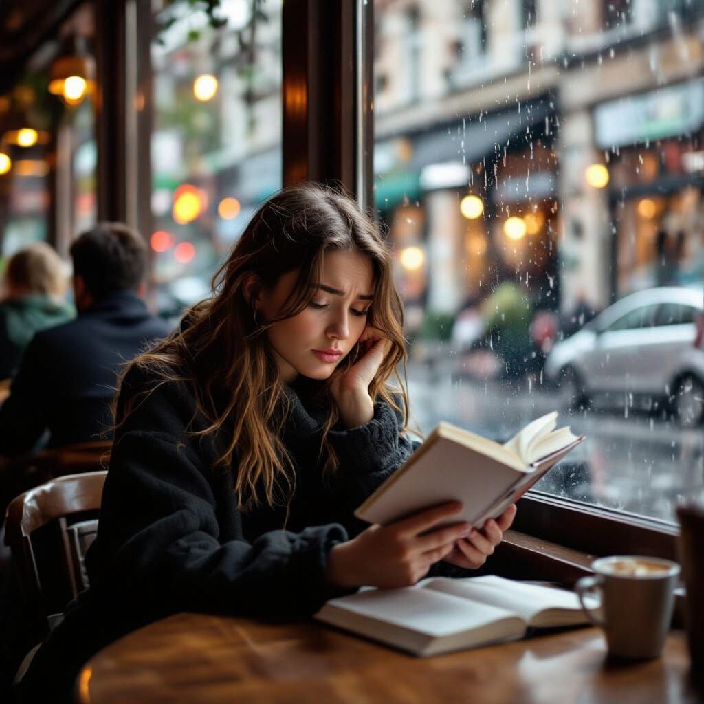 Sad Woman Reading in Cafe on Rainy Day
