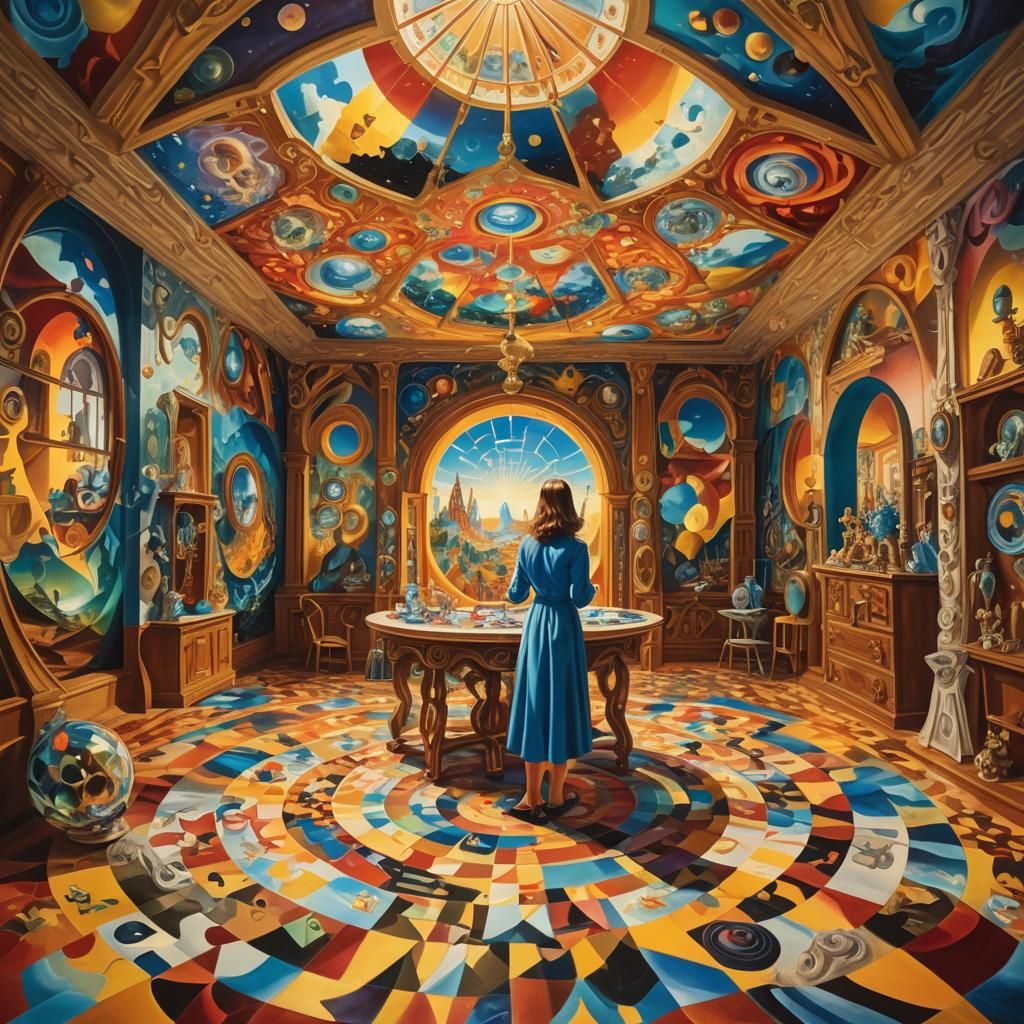 Alice in a Kaleidoscopic Dreamscape: Surreal Oil Painting