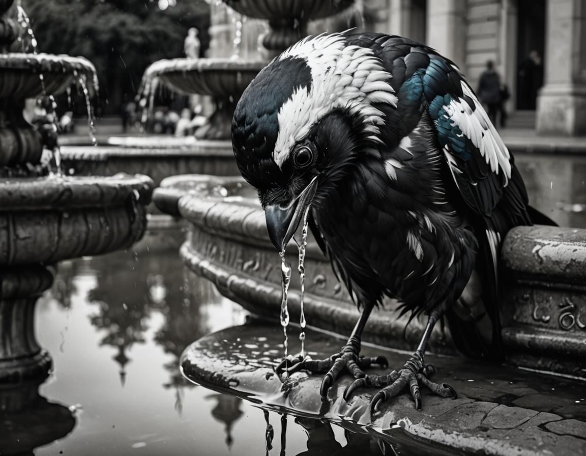 Magpie Reflection: Meticulous Ink Drawing in 8k