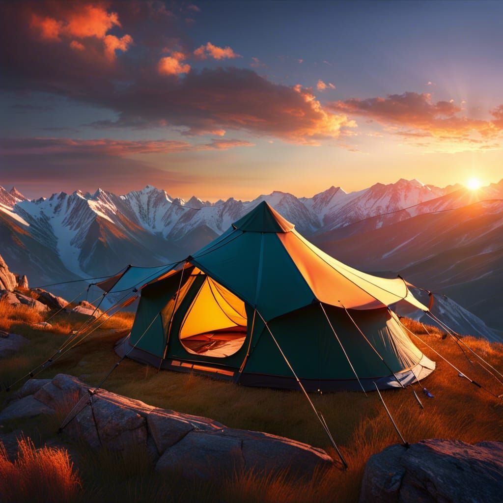 Mountain Tent View with Eagle, Hyperrealistic Art