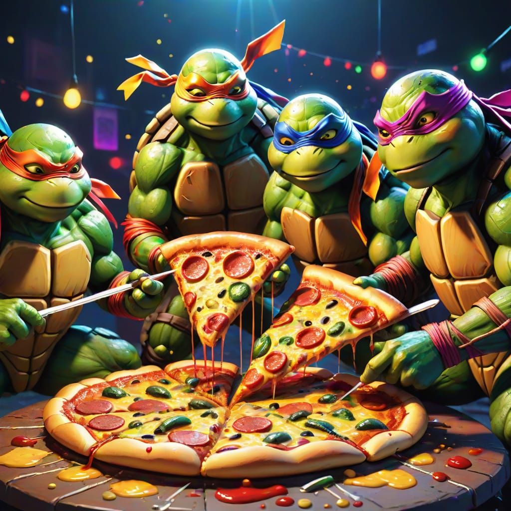 Ninja Turtles Pizza Party in Comic Book Style