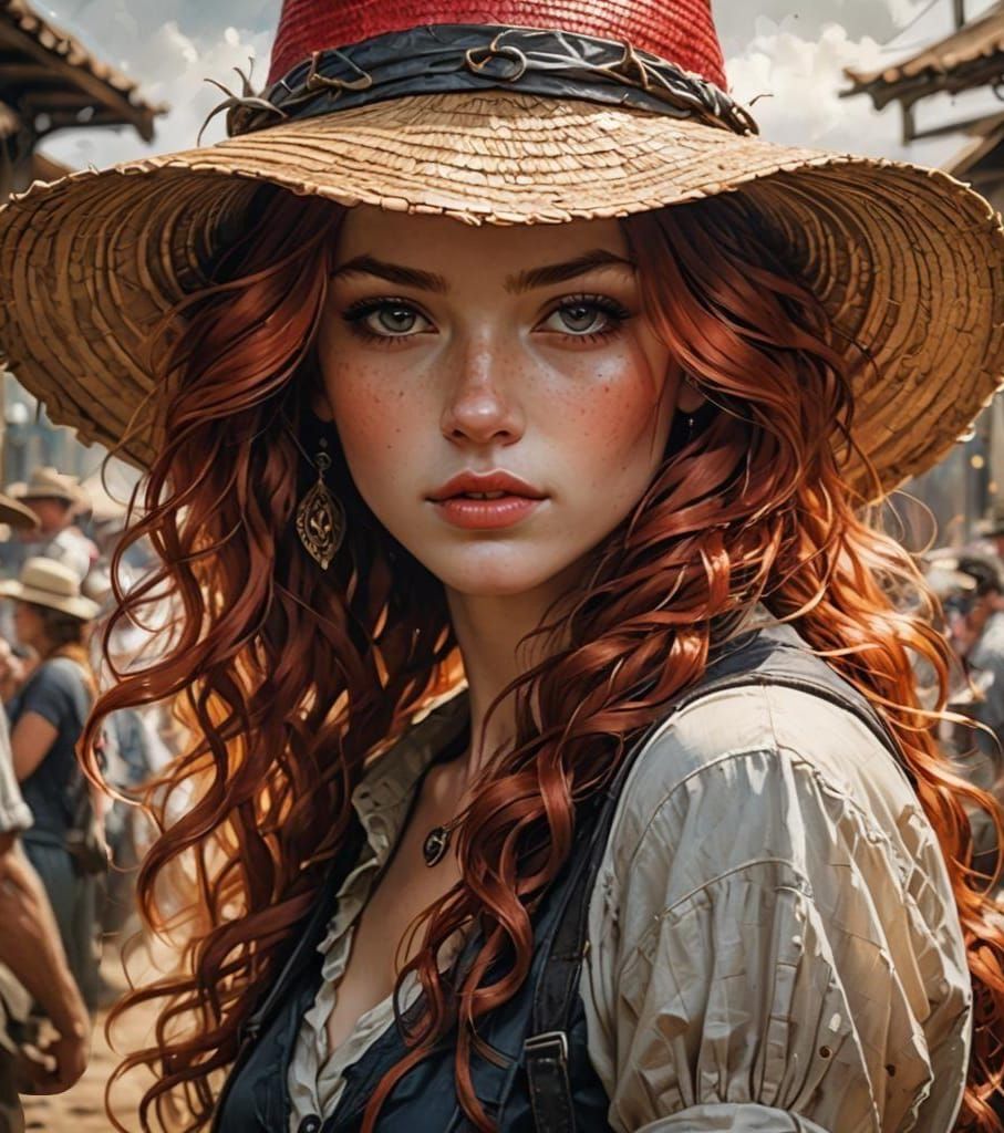 Red-Haired Girl in Straw Hat: Realistic Fantasy Art