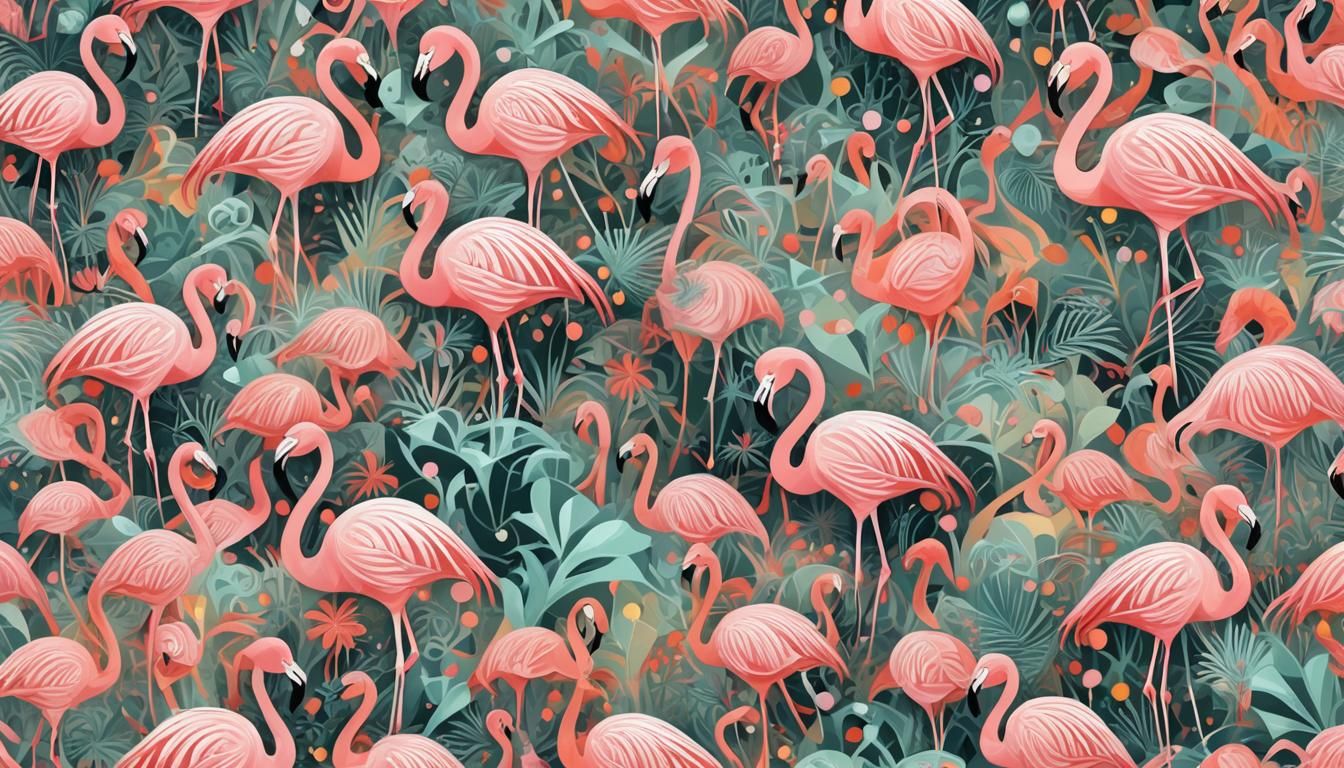 Whimsical Fractal Christmas Scene with Flamingos and Gift Wr...