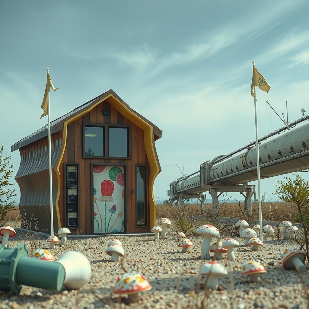 Surreal Bubblegum Cabin Amidst Whimsical Mushroom Forest