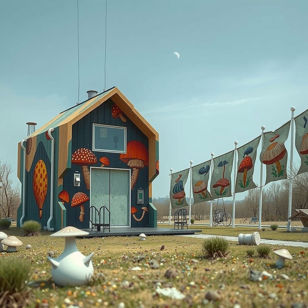 Hyperreal Modernist Cabin in a Surrealist Dreamscape