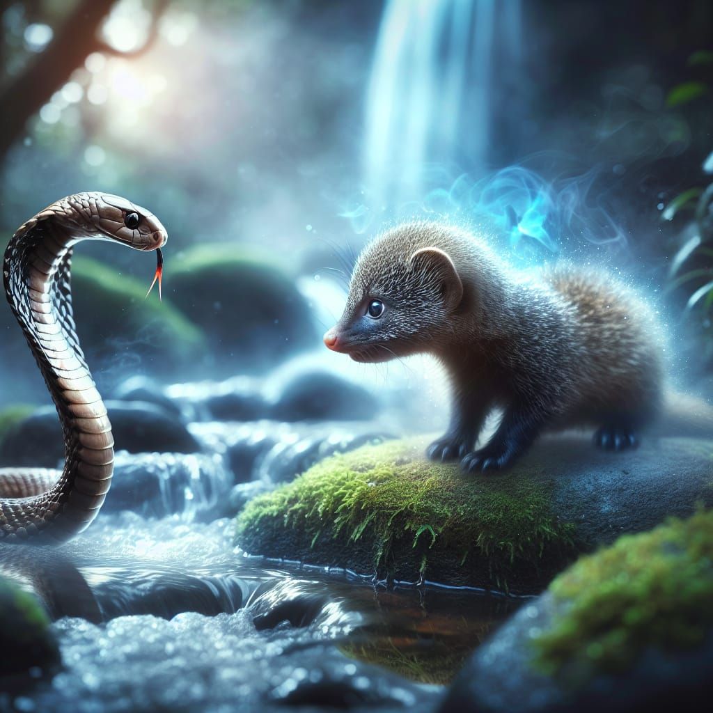 Mongoose Cub and Cobra by a Brook in Fantasy Setting