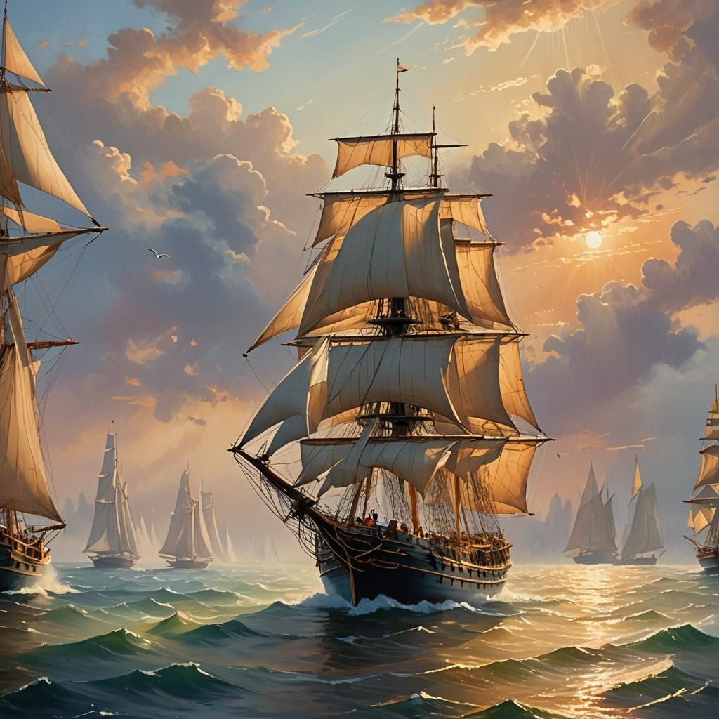 Ethereal Fantasy Sailing at Sunset in Golden Light