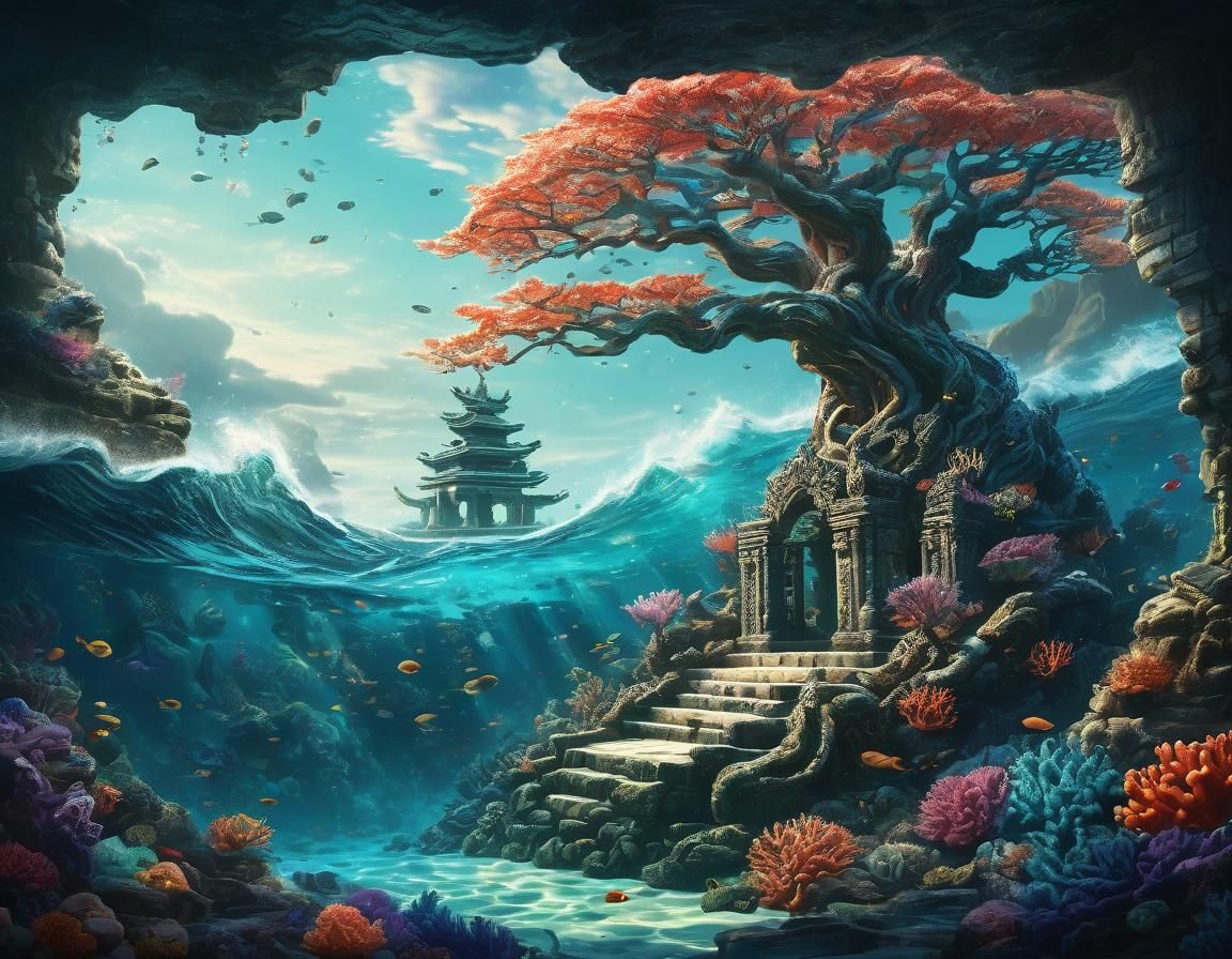 Magical Coral Reef Shrine in 1990s Fantasy Art