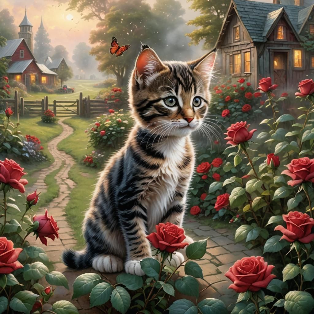 Tabby Kitten and Red Rose in Ethereal Style