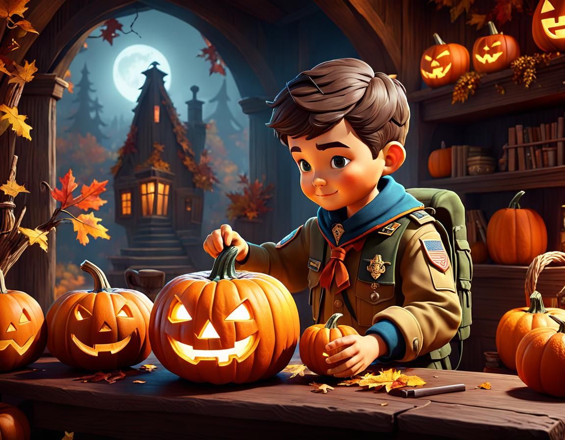 Boy Scout carving a Pumpkin