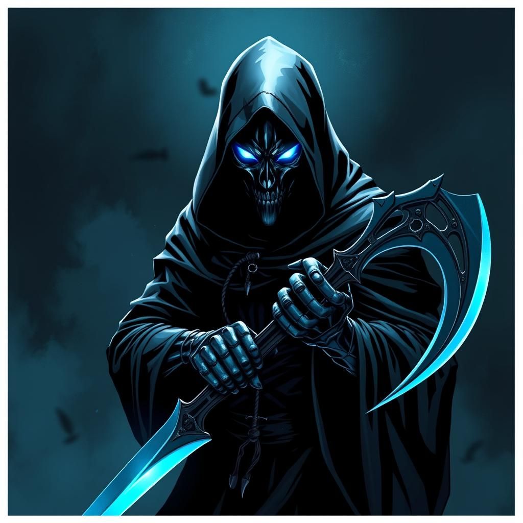 Metallic Digital Reaper with Scythe in Dark Comic Style