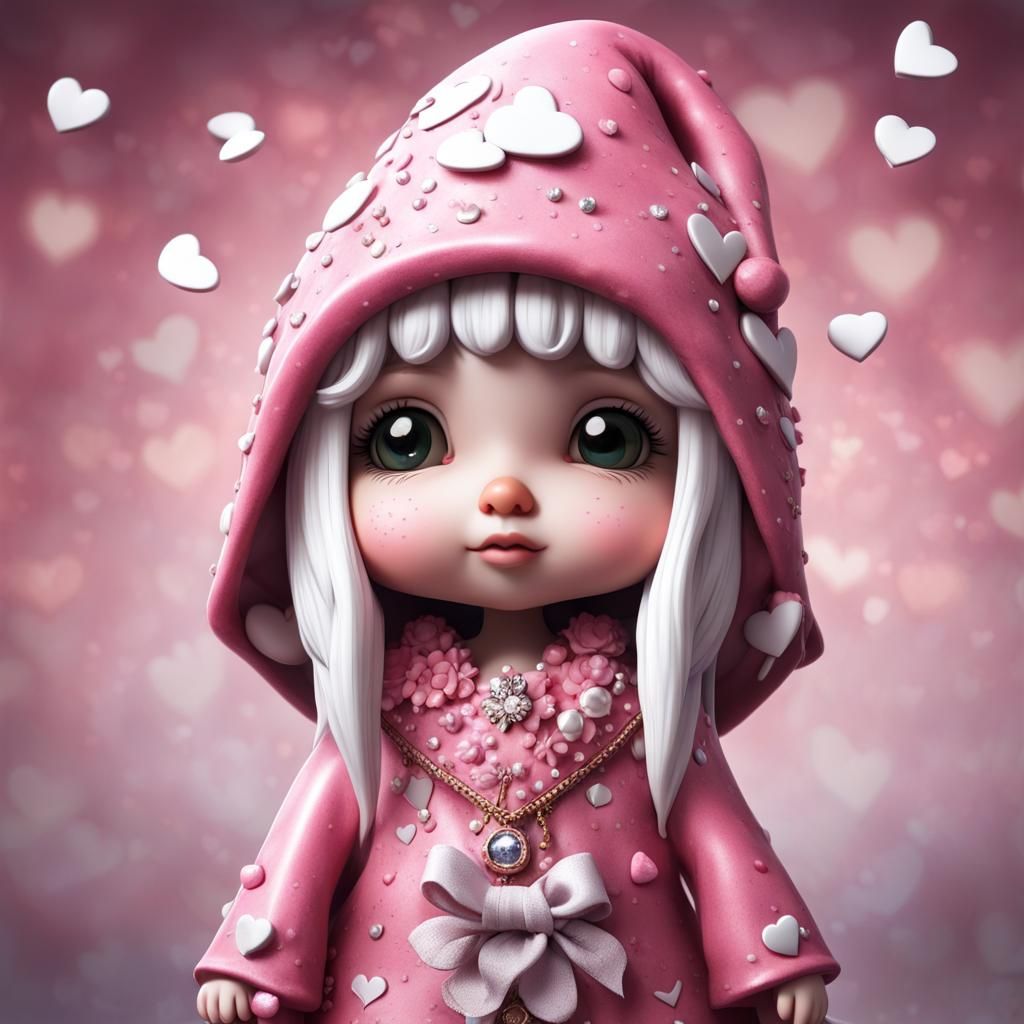Chibi Gnome Girl in Pink Robe with Flowers