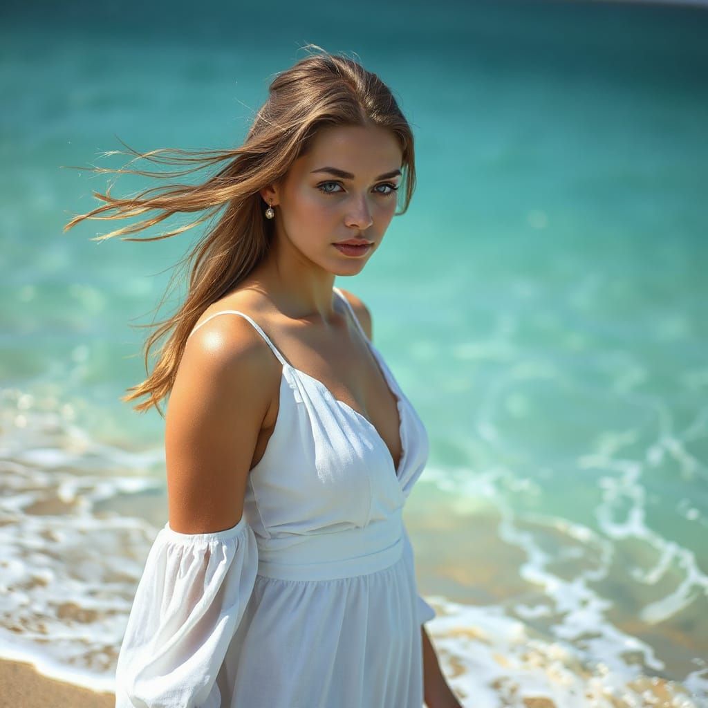 Woman on Shoreline in Art Nouveau Style