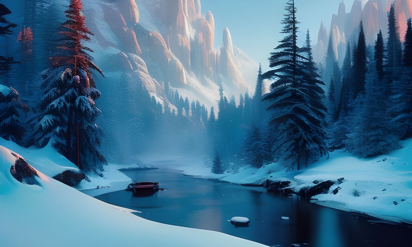 Snowy Mountain Valley: Detailed Matte Photography