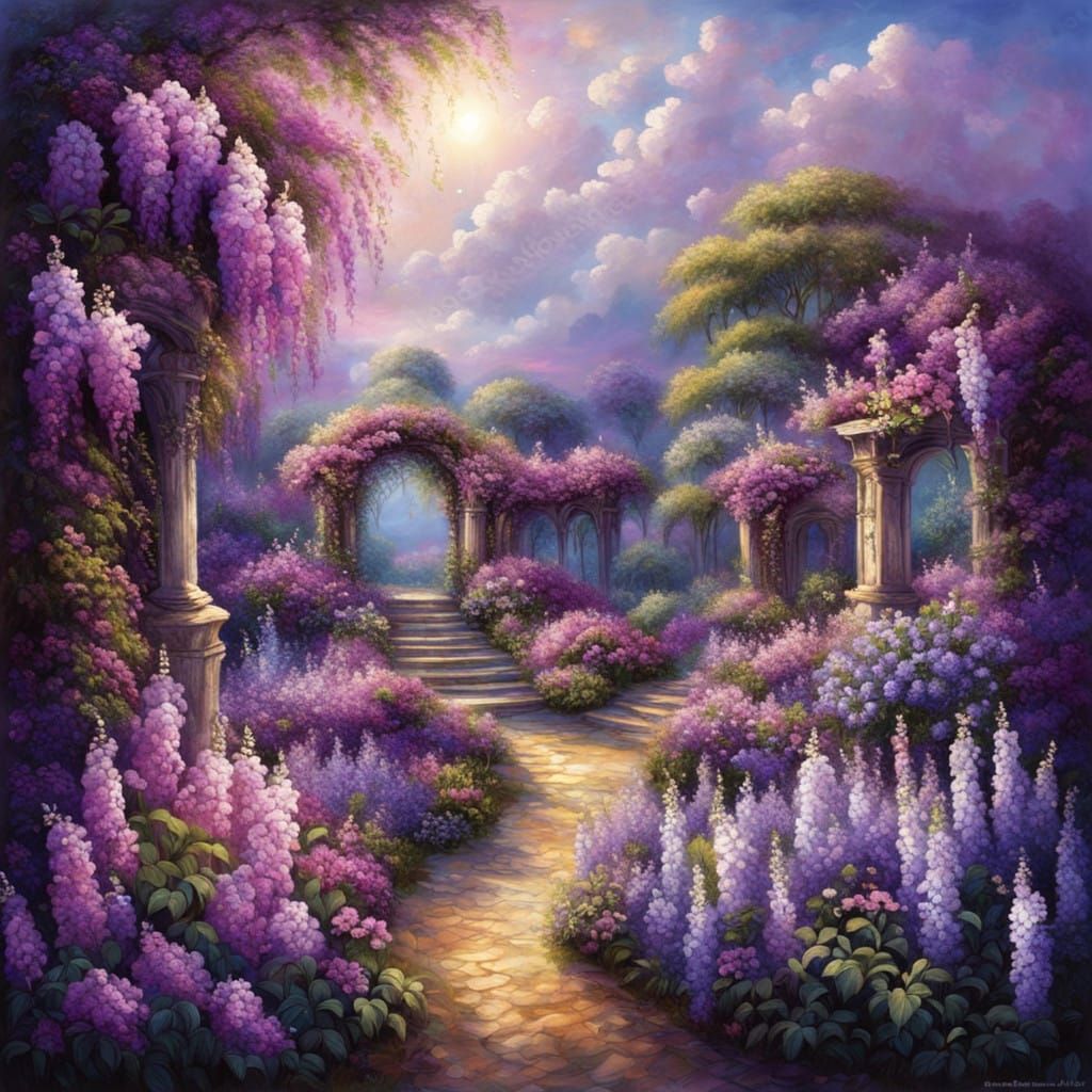 Whimsical Purple Garden in Dreamlike Proportions